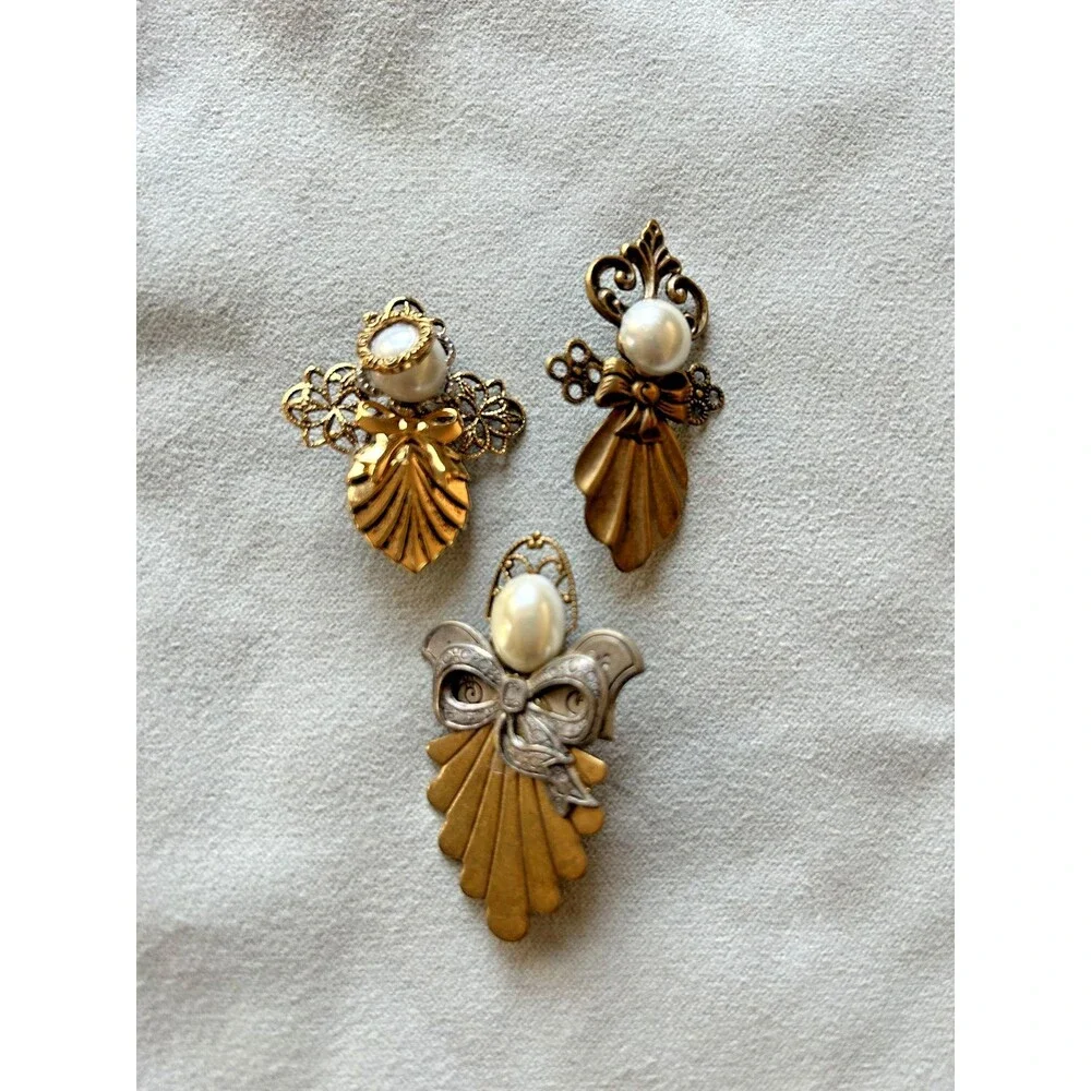 Vintage Gold and Silver Tone Angel Pins Faux Pearl - Lot of 3